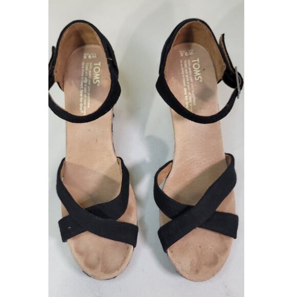 Toms Sandals Womens 9.5 Espadrilles Black & Tan Wedge Sandals Canvas 3.5 in Heel - Picture 6 of 10